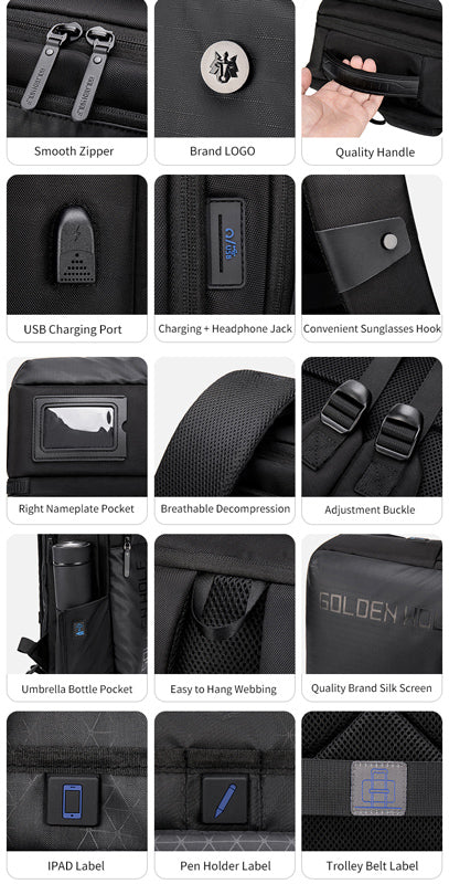 GOLDEN WOLF τσάντα πλάτης GB00399, με θήκη laptop 15.6", 20L, μαύρη
